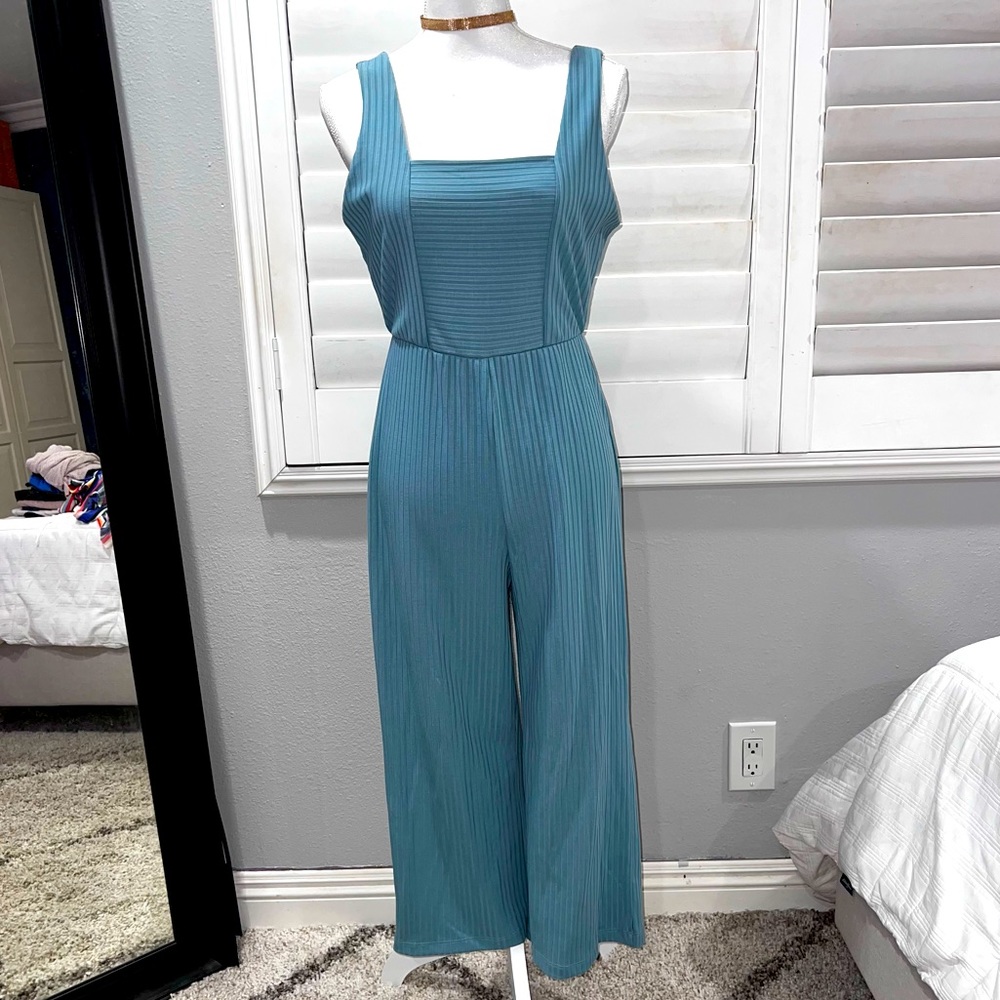 Blue Square Neckline Jumpsuit